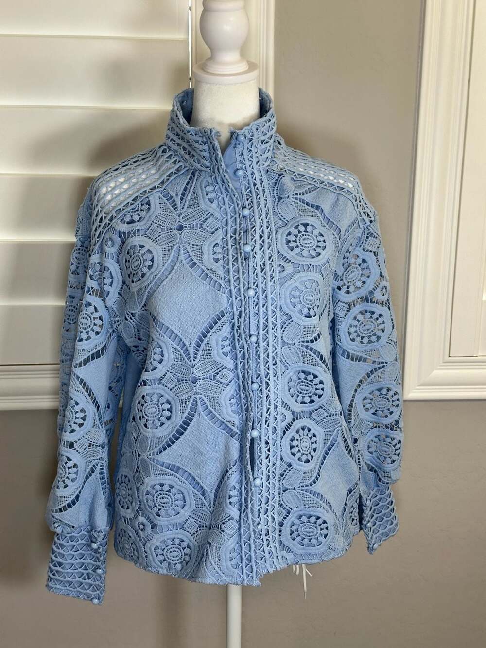 Blue Lace Crochet Button Down Blouse